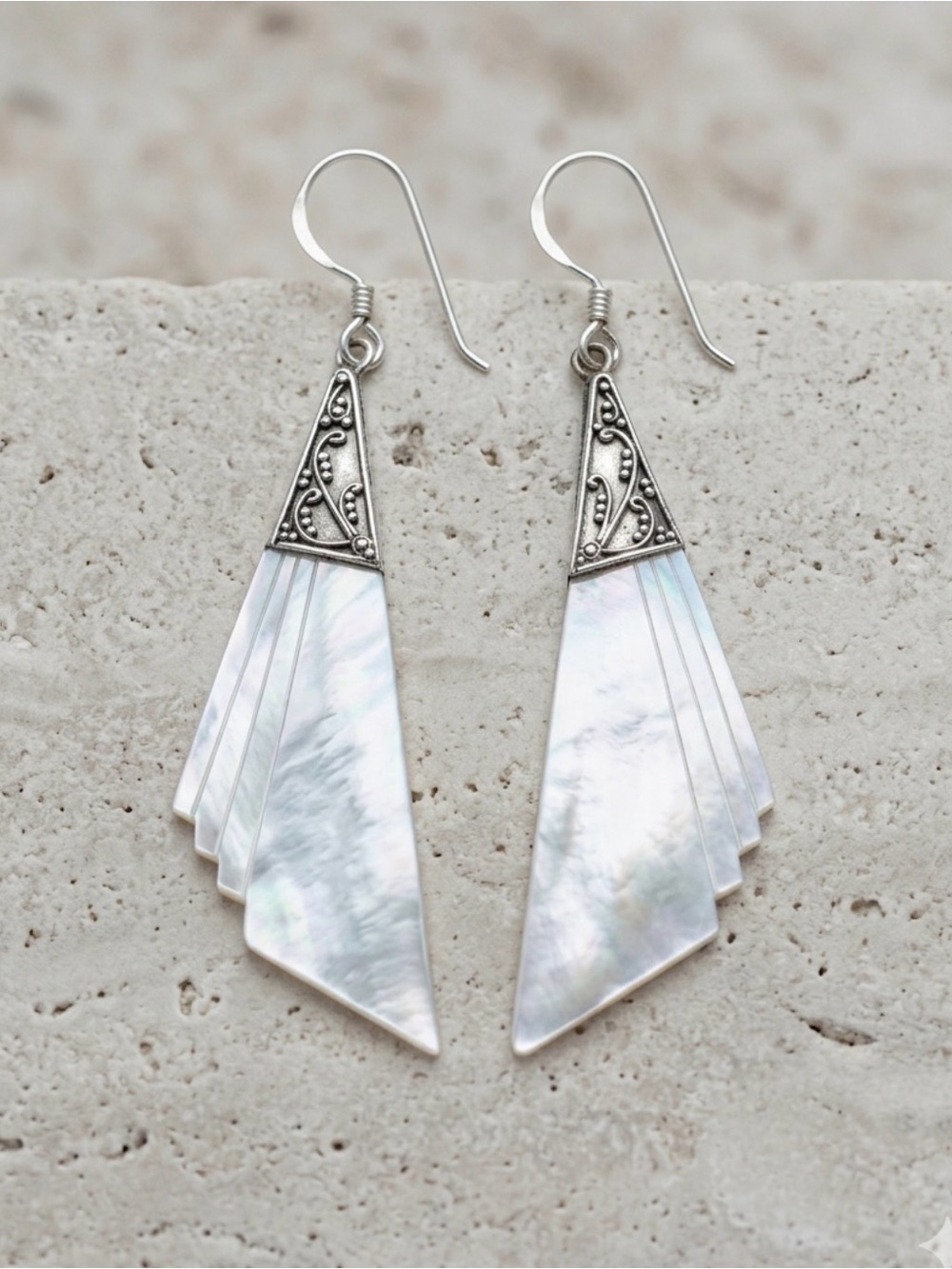 Vintage 925 Sterling Silver Mother of Pearl Fan Dangle Earrings Art Deco Drop